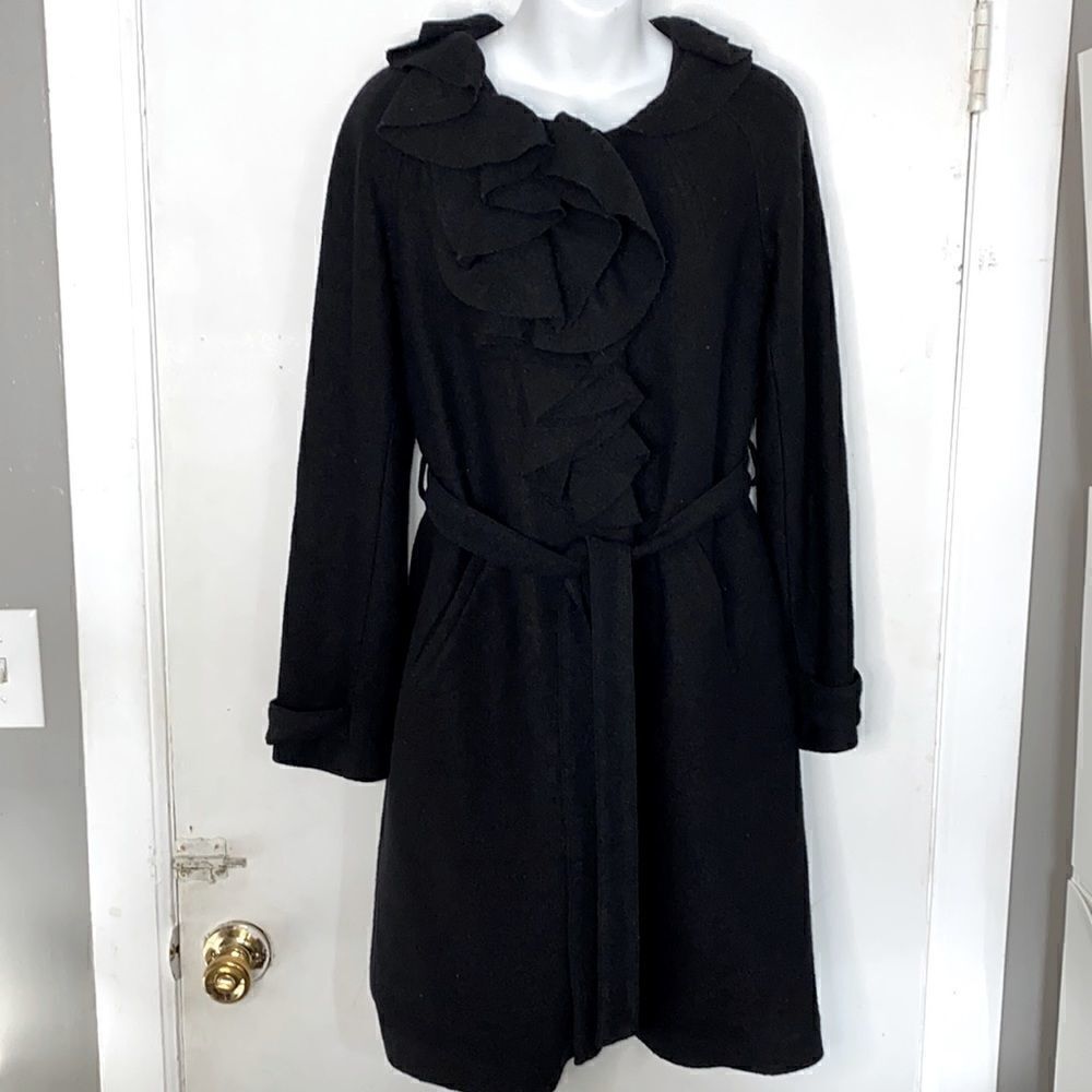 REBECCA TAYLOR Asymmetrical Ruffle Collar Belted Black Coat-0